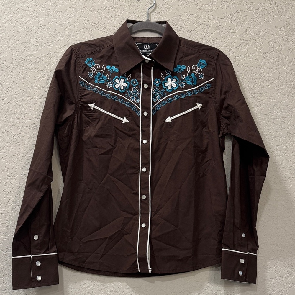 Brown Button Down Shirt with Blue Embroidery